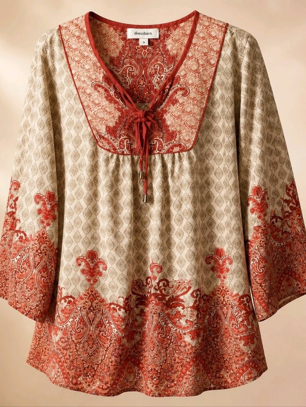 dressbarn Cream Tunic with Rust Orange-Red Paisley Border #837